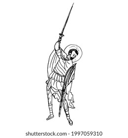 mittelalterlicher Heiliger Krieger, der Schwert hält. Orthodoxe christliche männliche Figur. Handgezeichnete lineare Doodle grobe Skizze. Schwarze Silhouette auf weißem Hintergrund.
