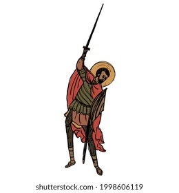 Hombre santo-guerrero medieval sosteniendo una espada. Carácter masculino cristiano ortodoxo. Dibujo a mano en un bosquejo colorido.
