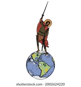 Guerrero santo medieval con una espada sobre el planeta Tierra. Concepto creativo.
