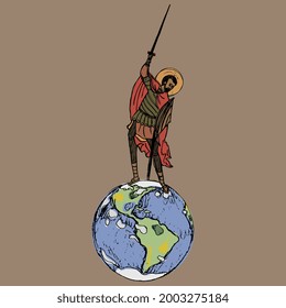 Medieval saint warrior with a sword standing on top of planet Earth. Creative concept.