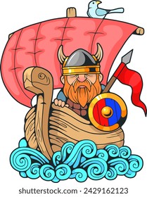 medieval Scandinavian viking on a ship, design illustration