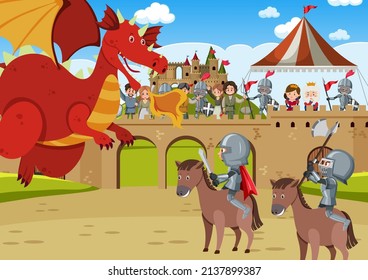 Escena medieval con caballeros blindados luchando con ilustraciones de dragón