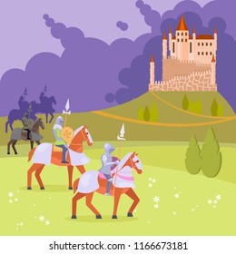 Medieval scene with armored knights on horseback with lances coming near to castle standing on hill. Vector flat style design illustration.