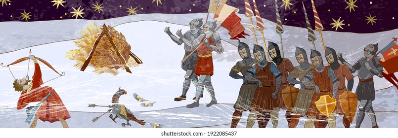 Medieval scene. Cold winter. Robin Hood story. Middle Ages, parchment concept. Soldiers protect castle. Historical art. Ancient book vector illustration 