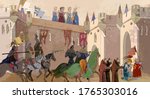 Medieval scene. Crusaders in an armor. Historical miniature art. Soldiers of the kingdom. Ancient book vector illustration. Knightly tournament. Middle Ages, parchment concept 