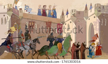Medieval scene. Crusaders in an armor. Historical miniature art. Soldiers of the kingdom. Ancient book vector illustration. Knightly tournament. Middle Ages, parchment concept 