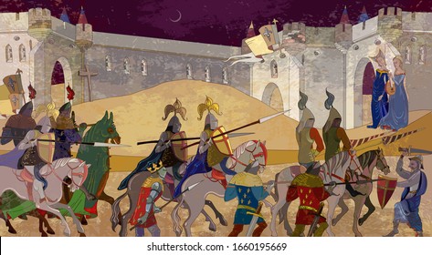 Medieval scene. Crusaders in an armor. Knightly tournament. Soldiers of the kingdom. Ancient book vector illustration. Middle Ages, parchment concept. Historical miniature art 