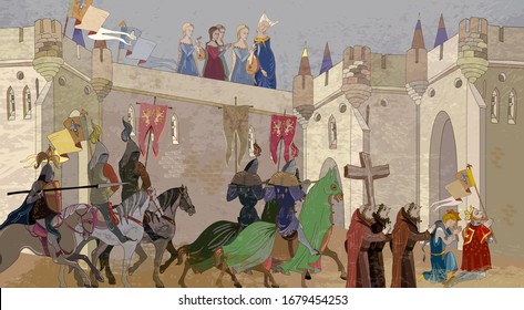 Medieval scene. Crusaders in an armor. Knightly tournament. Middle Ages, parchment concept. Historical miniature art. Soldiers of the kingdom. Ancient book vector illustration 