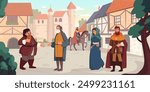 A medieval scene featuring various characters on a European street. A woman and a man walking,  fat man with a goblet and an elderly man talking. A horseman is In the background. 