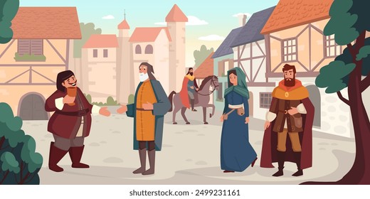 A medieval scene featuring various characters on a European street. A woman and a man walking,  fat man with a goblet and an elderly man talking. A horseman is In the background. 