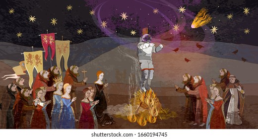 Medieval scene. Inquisition. Burning astronaut. Monks at a fire with the cosmonaut. Past and future. Middle Ages parchment style. Palaeocontact symbol, first contact, pseudoscience, atheism 