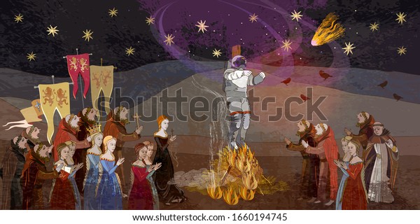 Medieval scene. Inquisition. Burning astronaut. Monks at a fire with the cosmonaut. Past and future. Middle Ages parchment style. Palaeocontact symbol, first contact, pseudoscience, atheism