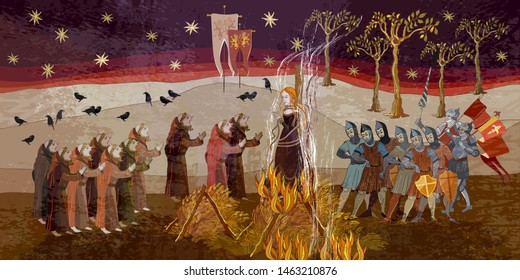 Medieval Scene. Inquisition. Burning Witches. Middle Ages Parchment Style. Joan Of Arc (Jeanne D'Arc) Concept. Monks And Soldiers At A Fire With The Witch. Ancient Book Vector Illustration 