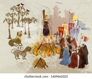 Medieval scene. Inquisition. Burning witches. Monks at a fire with the witch. Middle Ages parchment style. Joan of Arc (Jeanne d'Arc) history. Ancient book vector illustration 