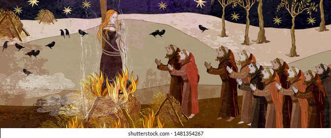 Medieval scene. Inquisition. Burning witches. Monks at a fire with the witch. Ancient book illustration. Middle Ages parchment style. Joan of Arc (Jeanne d'Arc) concept 