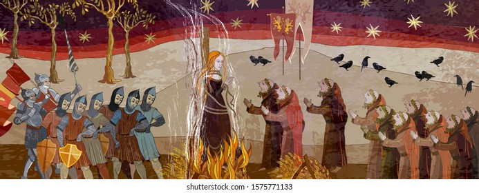 Medieval scene. Inquisition. Burning witches. Ancient book vector illustration. Middle Ages parchment style. Joan of Arc (Jeanne d'Arc) concept. Monks and soldiers at a fire with the witch 