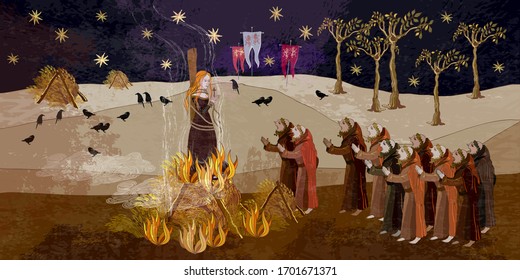 Medieval Scene. Inquisition. Burning Witches. Middle Ages Parchment Style. Joan Of Arc (Jeanne D'Arc) Concept. Monks At A Fire With The Witch. Ancient Book Art 