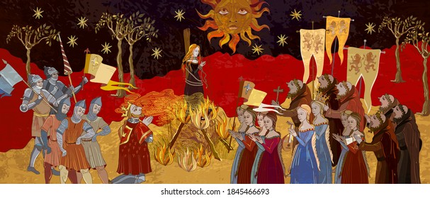 Medieval scene. Inquisition. Burning witches. Middle Ages parchment style. Joan of Arc (Jeanne d'Arc) concept. Monks at a fire with the witch. Ancient book illustration 