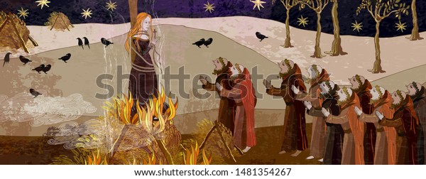 Medieval scene.\
Inquisition. Burning witches. Monks at a fire with the witch.\
Ancient book illustration. Middle Ages parchment style. Joan of Arc\
(Jeanne d\'Arc) concept\
