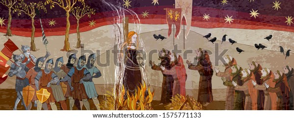 Medieval scene. Inquisition. Burning witches. Ancient\
book vector illustration. Middle Ages parchment style. Joan of Arc\
(Jeanne d\'Arc) concept. Monks and soldiers at a fire with the witch\
