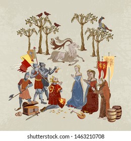 Medieval scene. King queen pray, miracle phenomenon. Priests and soldiers. Middle Ages legends, parchment concept. Fairy tale art. Ancient book vector illustration 