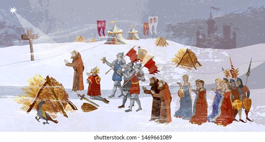 Medieval scene. King queen pray, miracle phenomenon. Priests and soldiers protect castle. Cold winter of the Middle Ages, parchment concept. Historical art. Ancient book art 