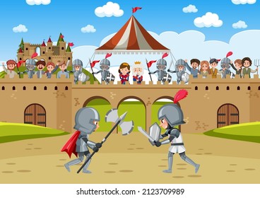 Mittelalterliche Szene mit zwei Rittern in Rüstung kämpft Illustration