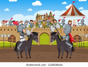 Mittelalterliche Szene mit zwei Rittern in Rüstung kämpft Illustration