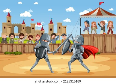 Escena medieval con dos caballeros combatiendo juntos la ilustración