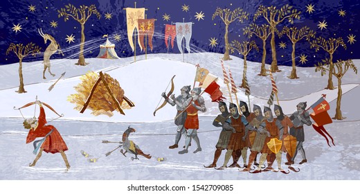 Medieval scene. Winter. Robin Hood story. Soldiers protect castle. Historical art. Ancient book vector illustration. Middle Ages, parchment concept 