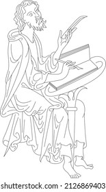 Medieval Scribe Sitting With Book And Knife