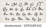 Medieval script alphabet. Original style calligraphy. Middle Ages Gothic set. Vintage blackletter Germanic font for fairytale, Fraktur headline, oldschool header, heraldry manuscript.