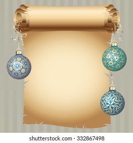 Medieval scroll paper and different vintage gold design Christmas balls on bright ribbon. Vector New Year greeting card