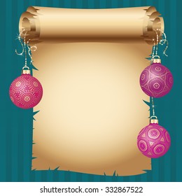 Medieval scroll paper and different vintage gold design Christmas balls on bright ribbon. Vector New Year greeting card