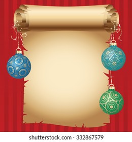 Medieval scroll paper and different vintage gold design Christmas balls on bright ribbon. Vector New Year greeting card