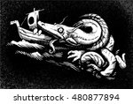 Medieval sea monster and ship.. Vector illustration