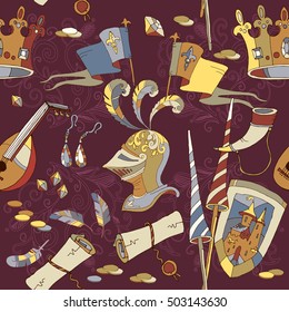 Medieval seamless pattern ancient warrior, knight, crown, spear, shield, scrolls, historical background medieval elements knight armour pattern hand drawn vector 