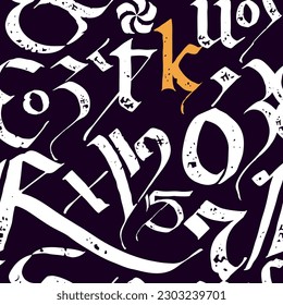 Medieval seamless pattern of calligraphic letters, grunge text print. Blackletter gothic calligraphy. Ornamental composition. Vector illustration with illuminated initials. Vintage template label.