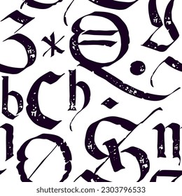 Medieval seamless pattern of calligraphic letters, grunge text print. Blackletter gothic calligraphy. Ornamental composition. Vector illustration with illuminated initials. Vintage template label.