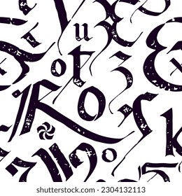 Medieval seamless pattern of calligraphic letters, grunge text print. Blackletter gothic calligraphy. Ornamental composition. Vector illustration with illuminated initials. Vintage template label.