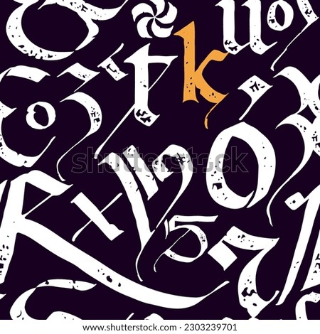 Medieval seamless pattern of calligraphic letters, grunge text print. Blackletter gothic calligraphy. Ornamental composition. Vector illustration with illuminated initials. Vintage template label.