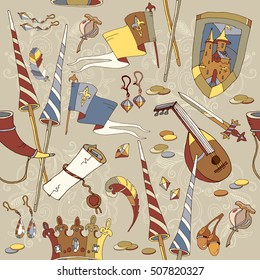 Medieval seamless pattern, castle, sword, crown, heraldic medieval knight symbols and elements, Medieval  concept pattern vector 