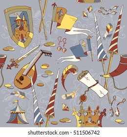 Medieval seamless pattern, castle, medieval sword, crown, heraldic knight symbols and elements, medieval pattern vector 