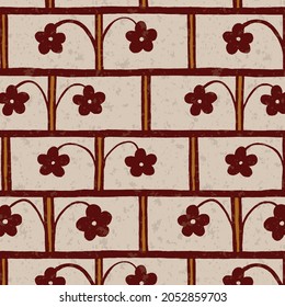 Medieval Seamless Pattern with Hand Painted Stones and Rose elements. Historical Vector Style Surface Design Inspired by 13’th Century Wall Paintings used as Interior Design in Castles and Churches. 