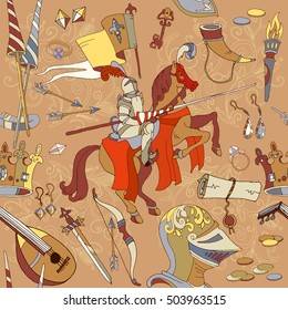 Medieval seamless pattern, knight on horse, legendary medieval armored knight warrior, medieval ancient weapons hand drawn. Medieval vector illustration 