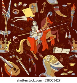 Medieval seamless pattern, knight on horse, ancient weapons, medieval background 