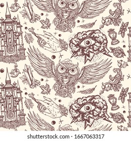 Medieval seamless pattern. Magic owl, holy grail, all seeing eye and sacred alchemy hands. Middle ages background. Gothic fairy tale art 