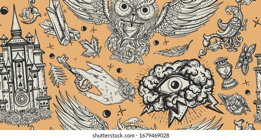 Medieval seamless pattern. Middle ages background. Magic owl, holy grail, all seeing eye and sacred alchemy hands. Gothic fairy tale art 