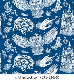 Medieval seamless pattern. Middle ages background. Magic owl, holy grail, all seeing eye and sacred alchemy hands. Gothic fairy tale art