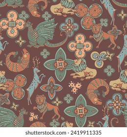Medieval Seamless Pattren with Floral Motif, Dragons,  Lions, Fantasy Princess